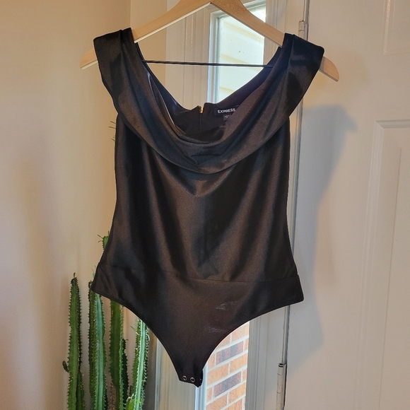 Express Off The Shoulder Black One-Piece Bodysuit, Size XS Shiny Satin Sexy - Picture 1 of 9
